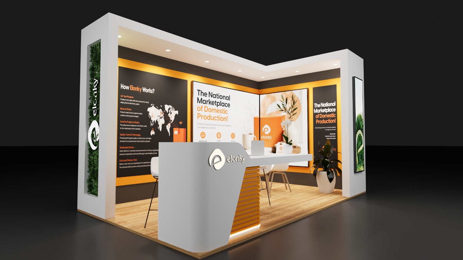 Render of the 15 m² exhibition stand we designed for Elonky